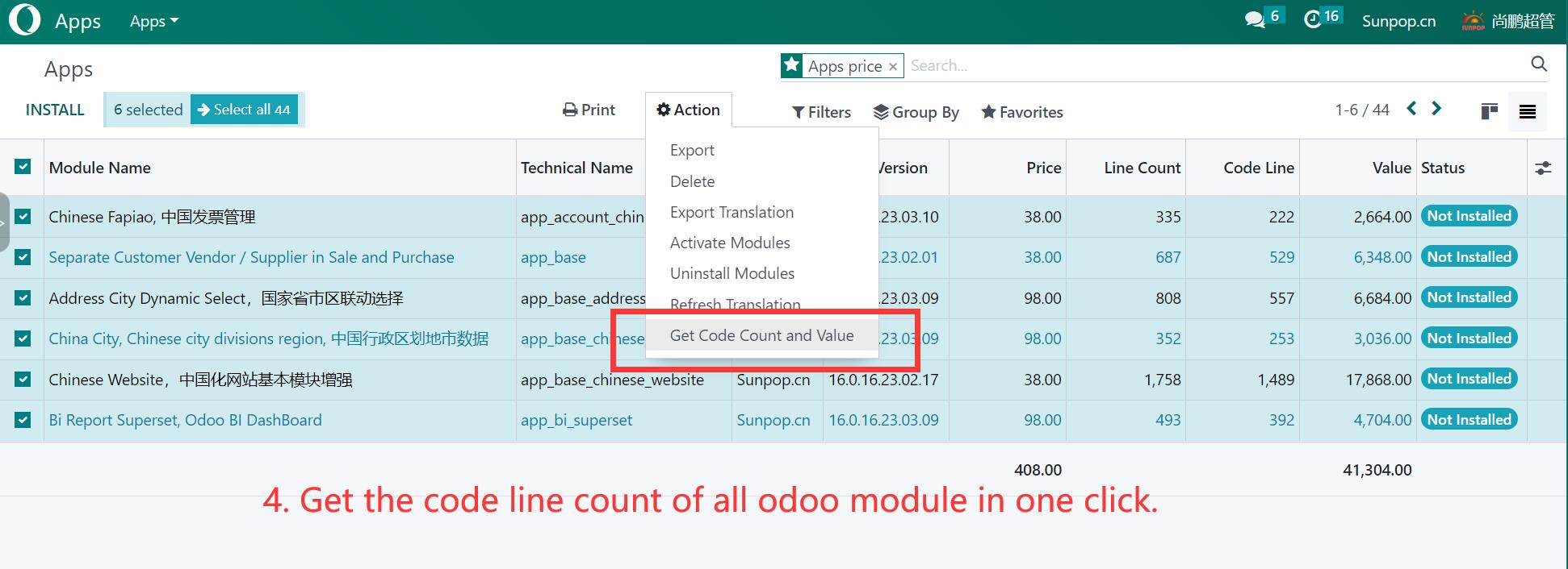 odoo Valuation. Module Value and Price, Code line count. 