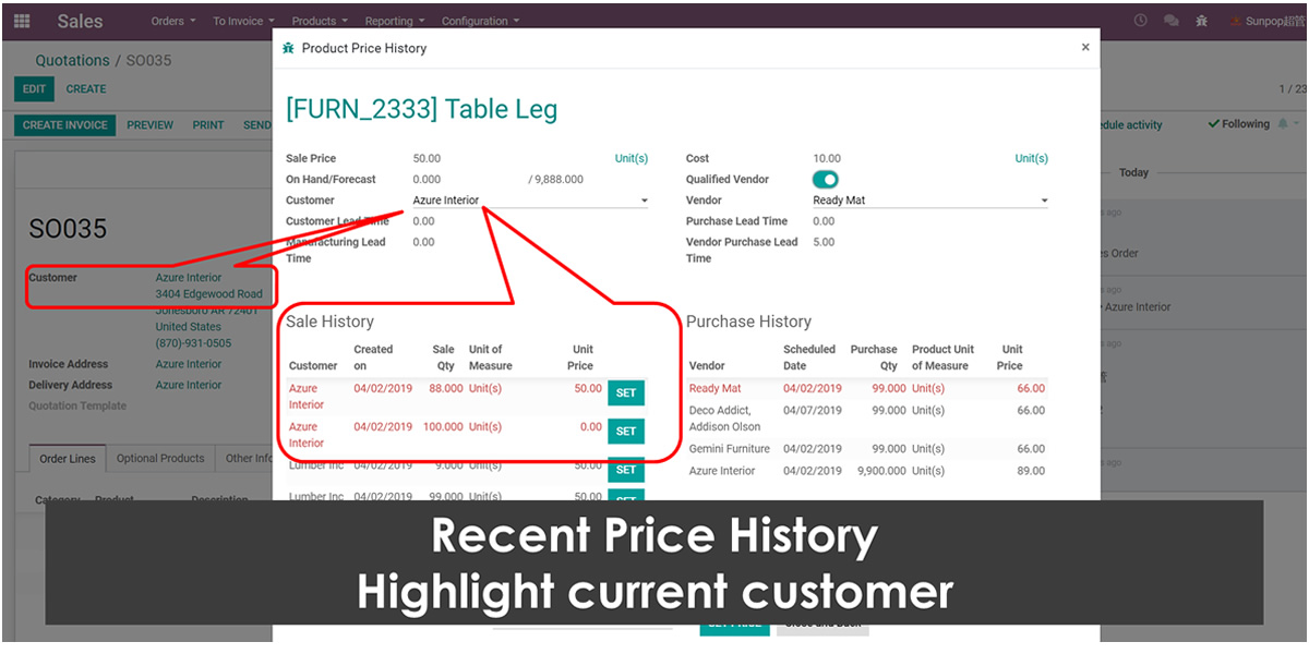 Show Product Price History and Stock Available in Order 