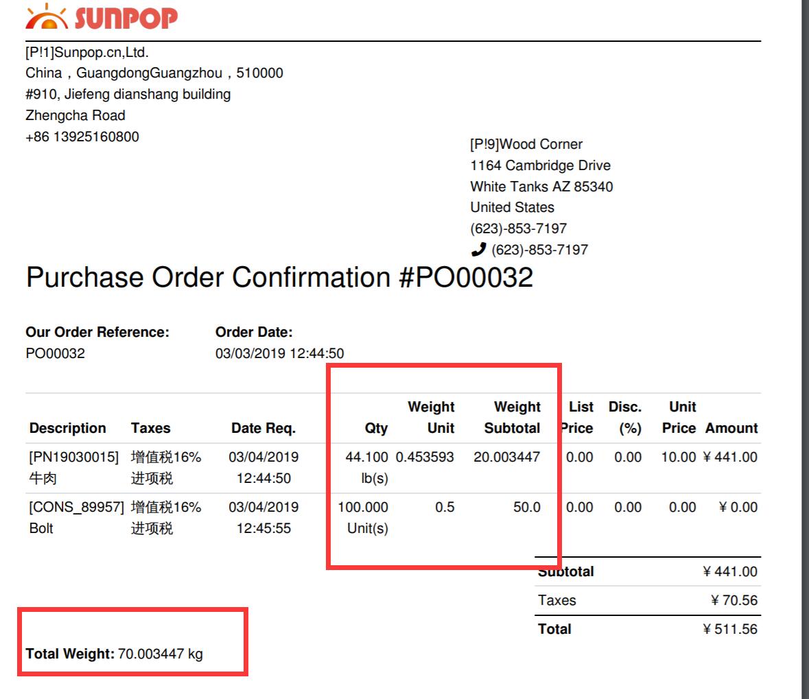 Purchase Order Weight