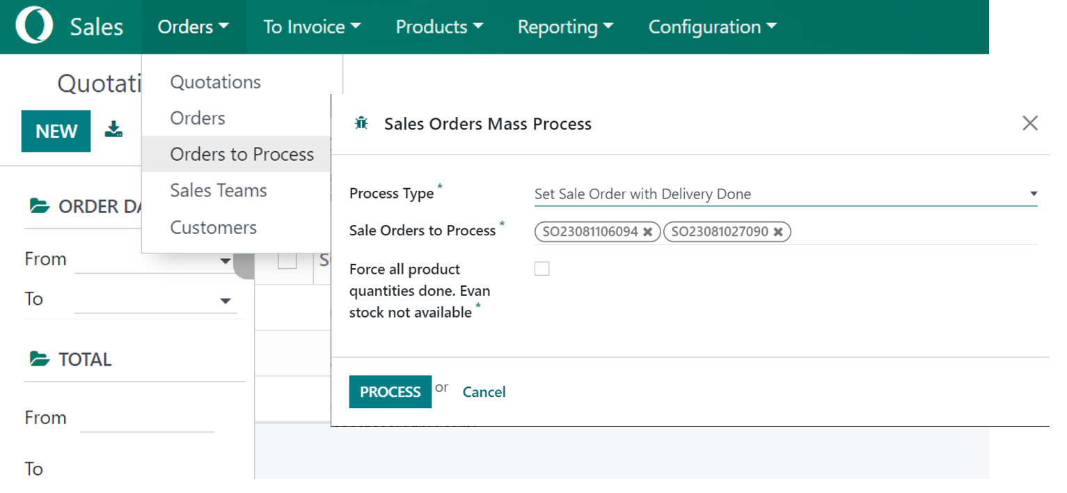 Sale Order Mass Process, Confirm, Delivery, Picking, Invoice, Payment, Cancel 