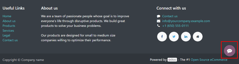 View of an Odoo website emphasizing the livechat button.