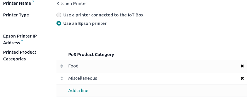 setup form to configure a kitchen printer