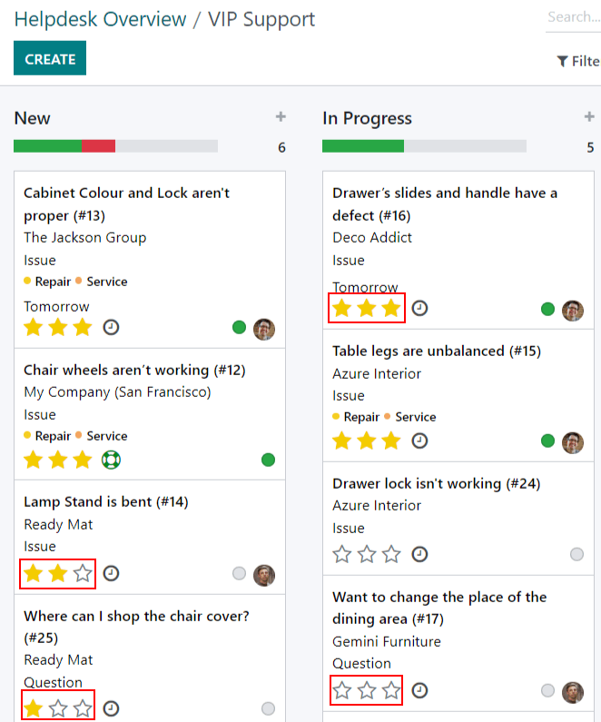 View of a team's kanban view and the prioritized tasks in Odoo Helpdesk.