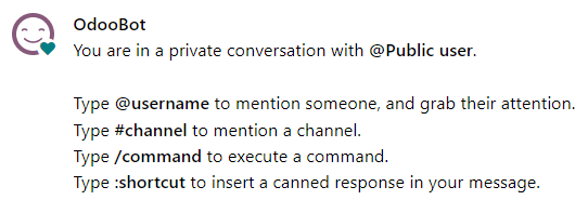 View of the message generated from using the /help command in Odoo Live Chat.