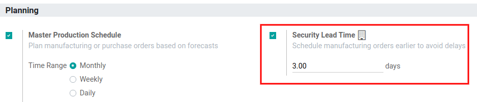 View of the security lead time for manufacturing from the manufacturing app settings