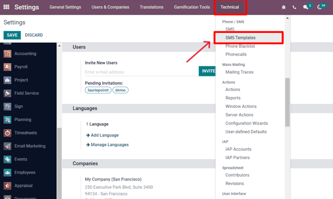 Select the SMS Template option in the Technical dropdown on the Settings app.