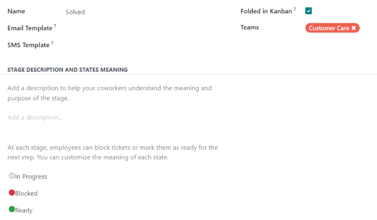 View of a stage's settings page in Odoo Helpdesk