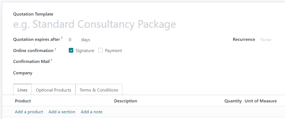 Subscription plan (quotation template) configuration form.