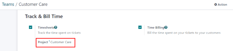 View of a helpdesk team settings page emphasizing the track and bill time settings.
