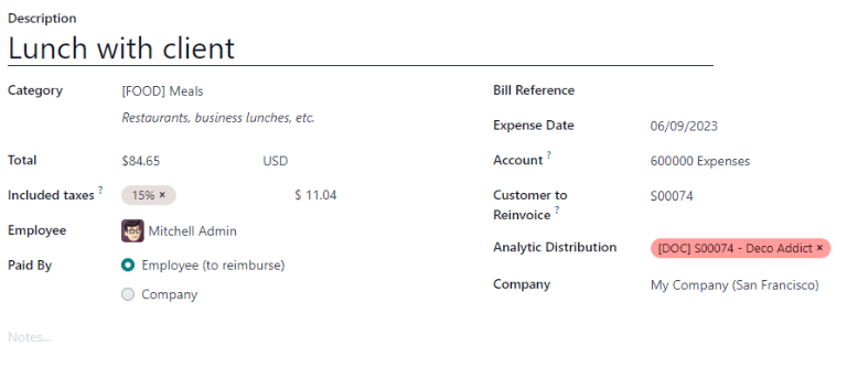 A filled in expense form for a client lunch.