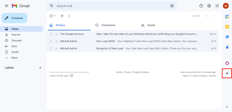 Gmail收件箱侧面板上的加号图标。