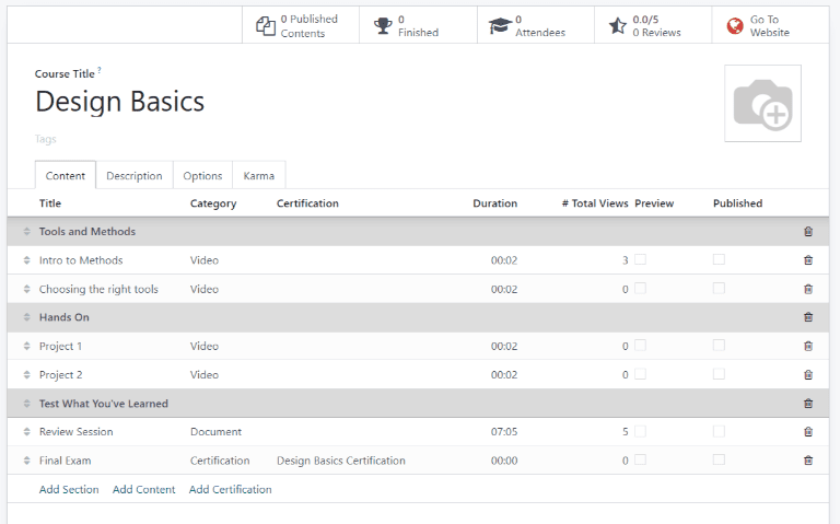 View of a course being published for Odoo Helpdesk.