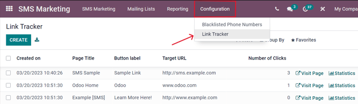 SMS Link Tracker page.