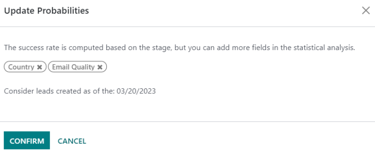 The Update Probabilities window in the Predictive Lead Scoring settings.