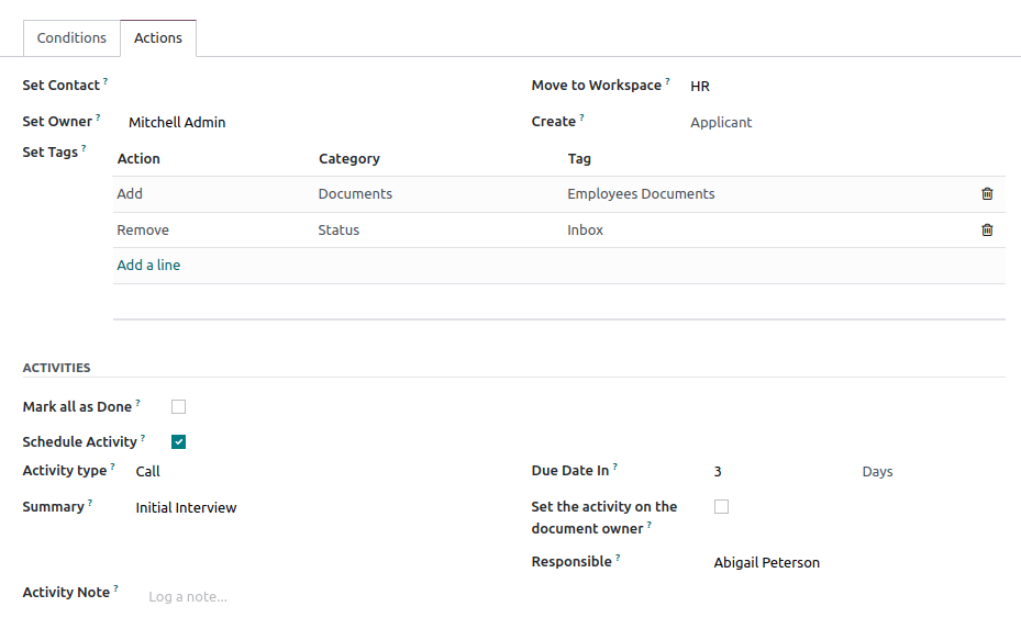 Odoo 档管理应用程序中工作流操作示例