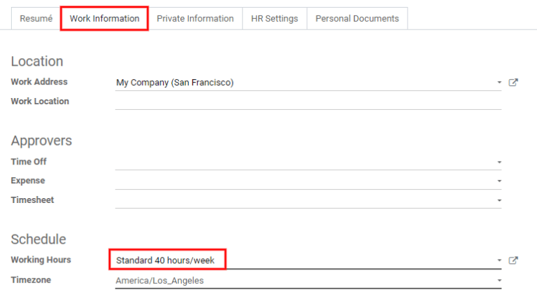 Working Hours are located in the Work Information tab.