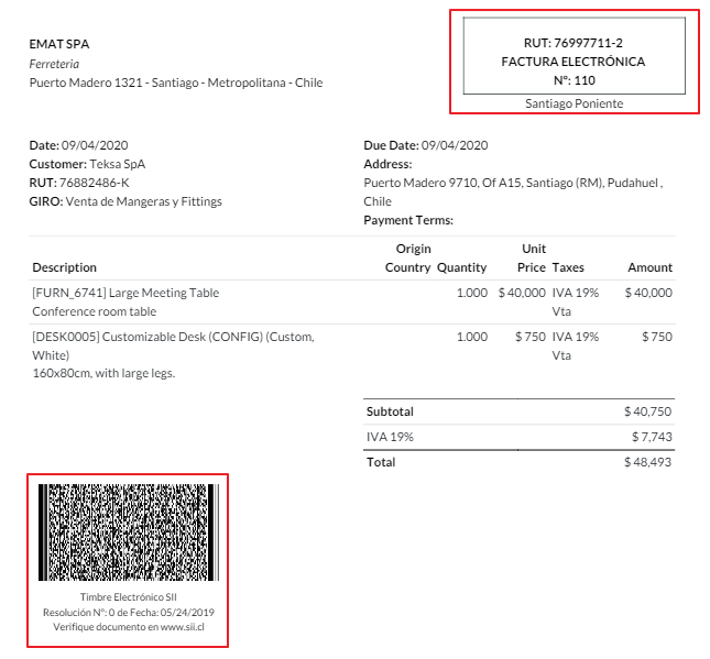 Barcode and fiscal elements in the invice report.