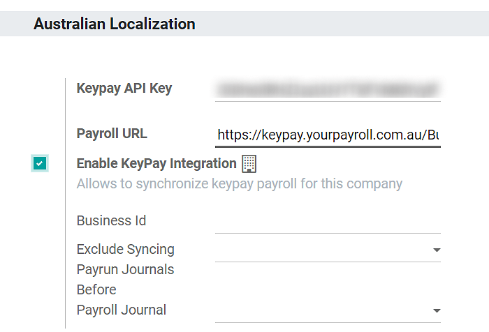 Enabling KeyPay Integration in Odoo Accounting displays new fields in the settings