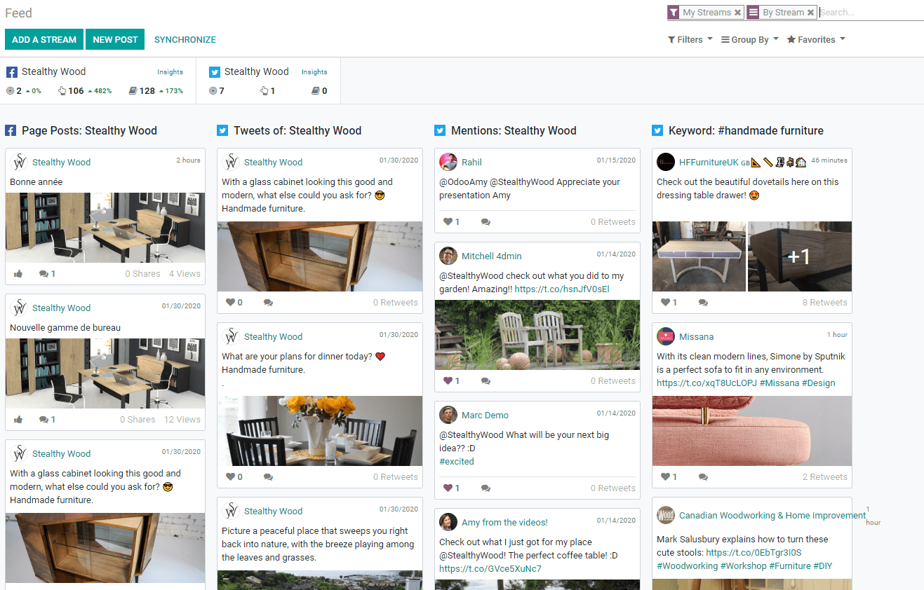 See all streams in the feed in Odoo Social Marketing