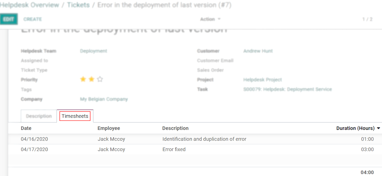 View of a helpdesk ticket emphasizing the timesheets tab in Odoo Helpdesk