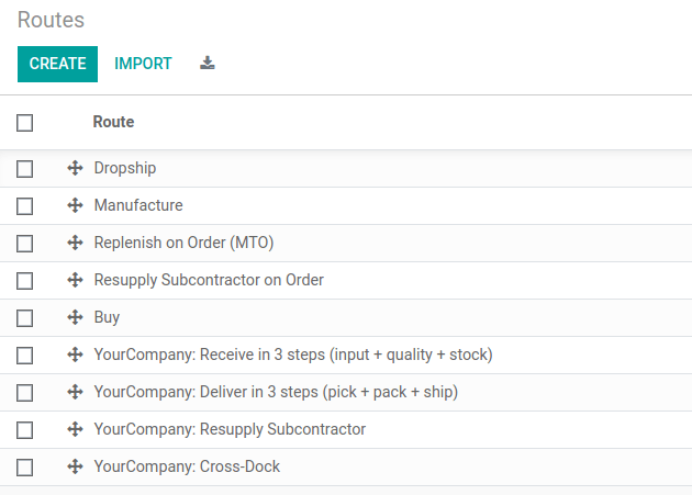 view of all the preconfigured routes Odoo offers