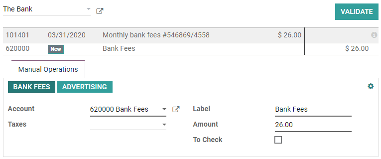 Example of a Reconciliation Model with a write-off button in Odoo Accounting