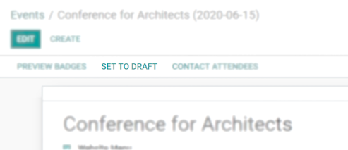 View of an event’s form emphasizing the option set to draft in Odoo Events