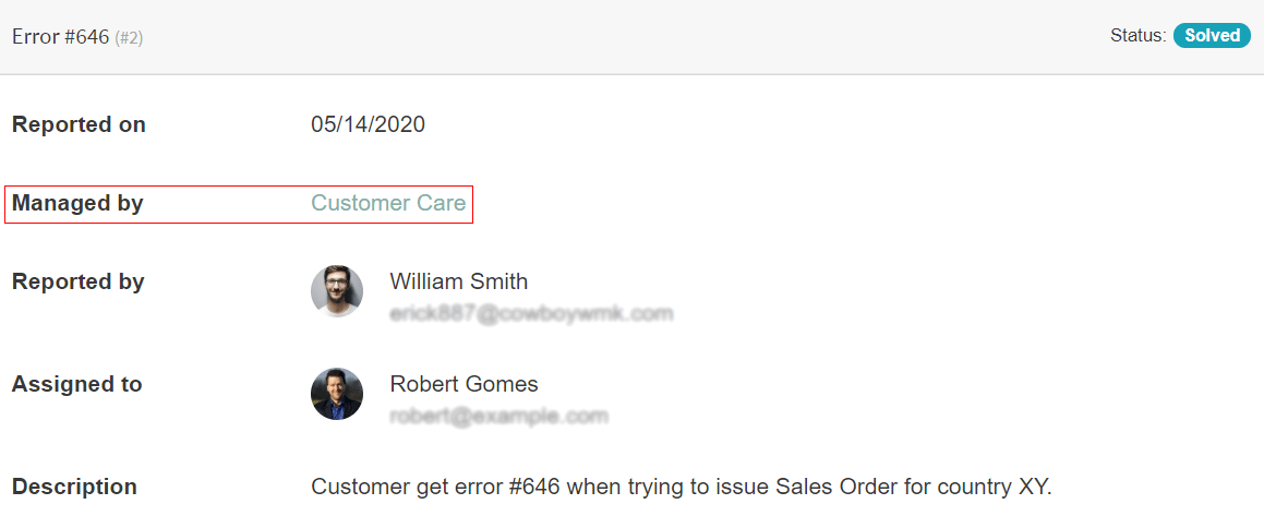 View of the helpdesk ticket from a user’s portal emphasizing the link to the helpdesk team in Odoo Helpdesk