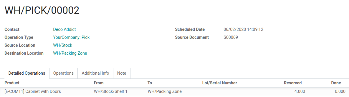 view of the detailed operations for a transfer between the stock and packing zones