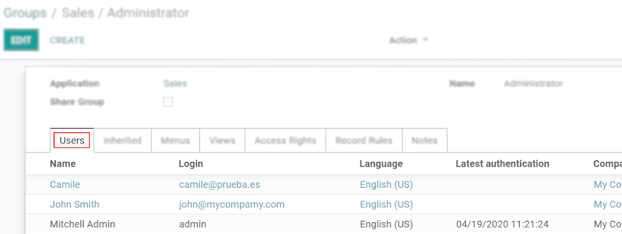 View of a group’s form emphasizing the tab users in Odoo