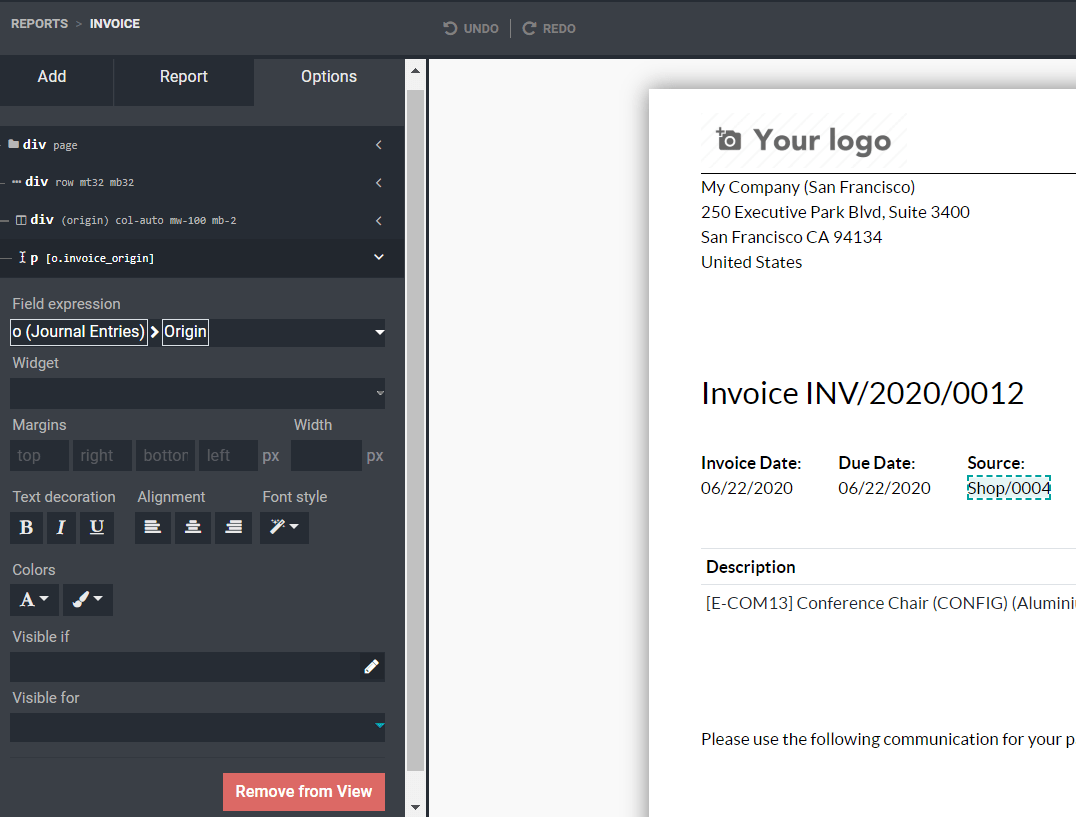 View of a report and the tab options in Odoo Studio